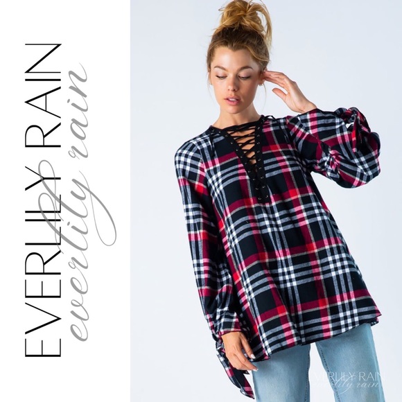 Plaid Eyelet Lace Up Top - Picture 4 of 15